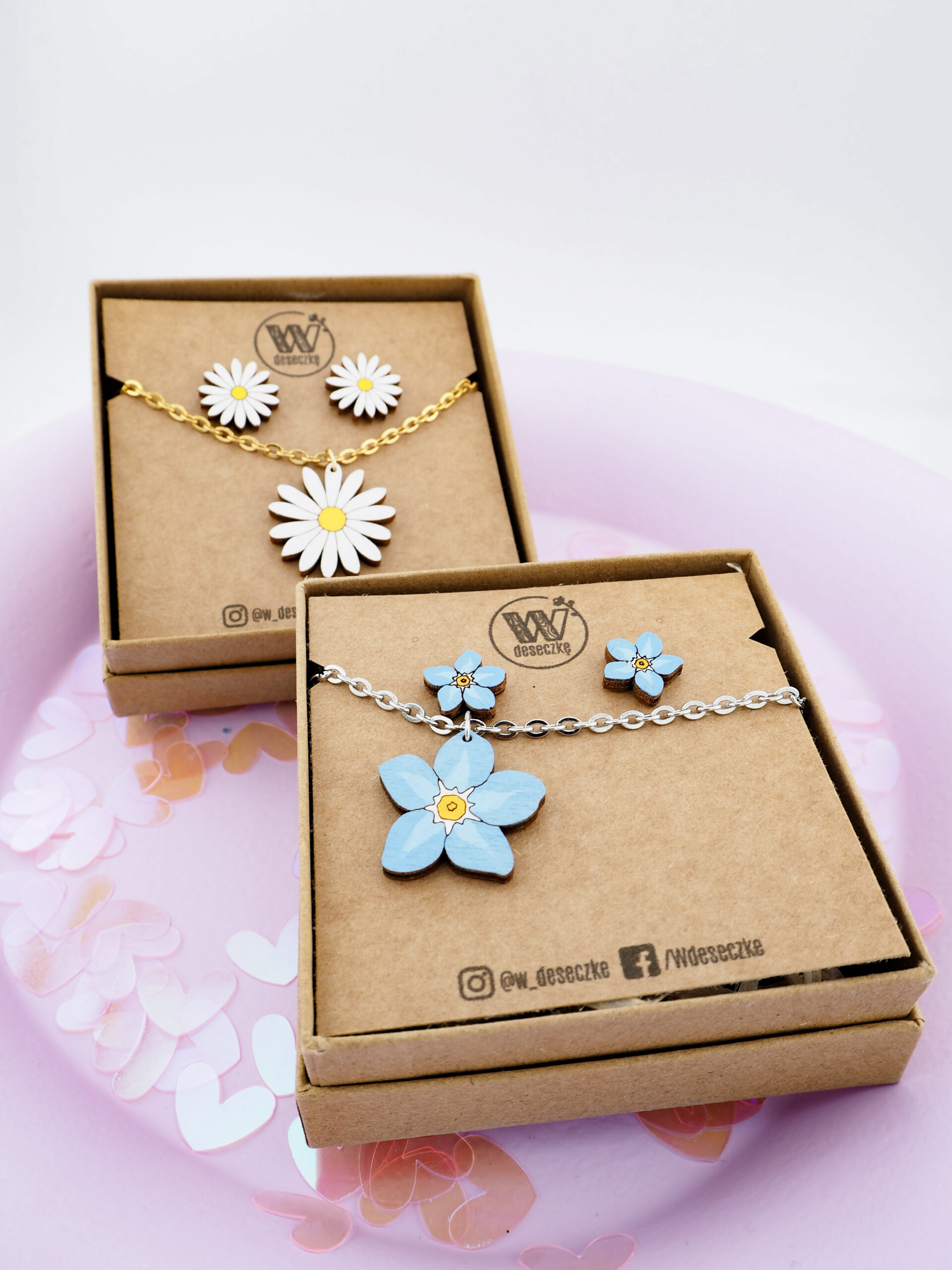 Zestaw Biżuterii Drewniane Kwiaty Naszyjnik i Kolczyki W Deseczkę Z Miłości